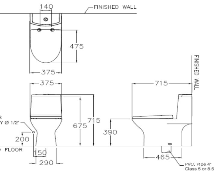 Bản vẽ bồn cầu 1 khối C1053 COTTO 1 khối