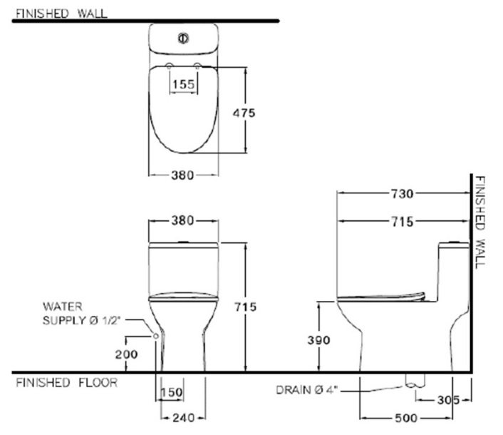 Bản vẽ kích thước bồn cầu C105507 1 khối Cotto