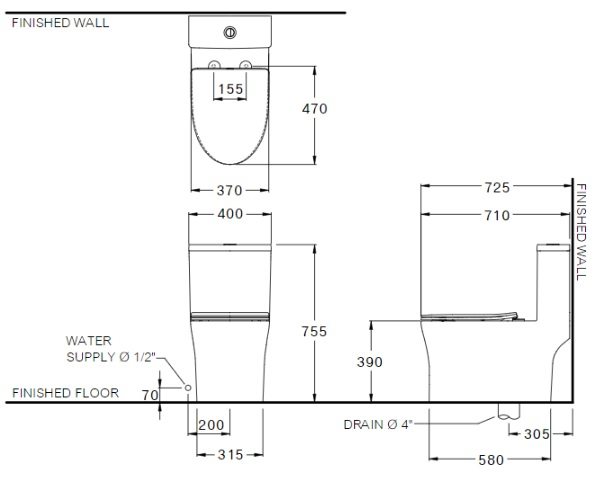 Bản vẽ kích thước bồn cầu C105607 1 khối Cotto