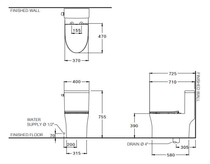 kích thước bồn cầu C105617 Cotto