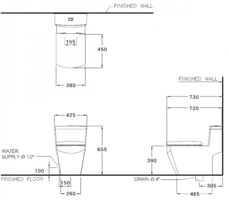 Bản vẽ kỹ thuật bồn cầu 1 khối C10717 Cotto