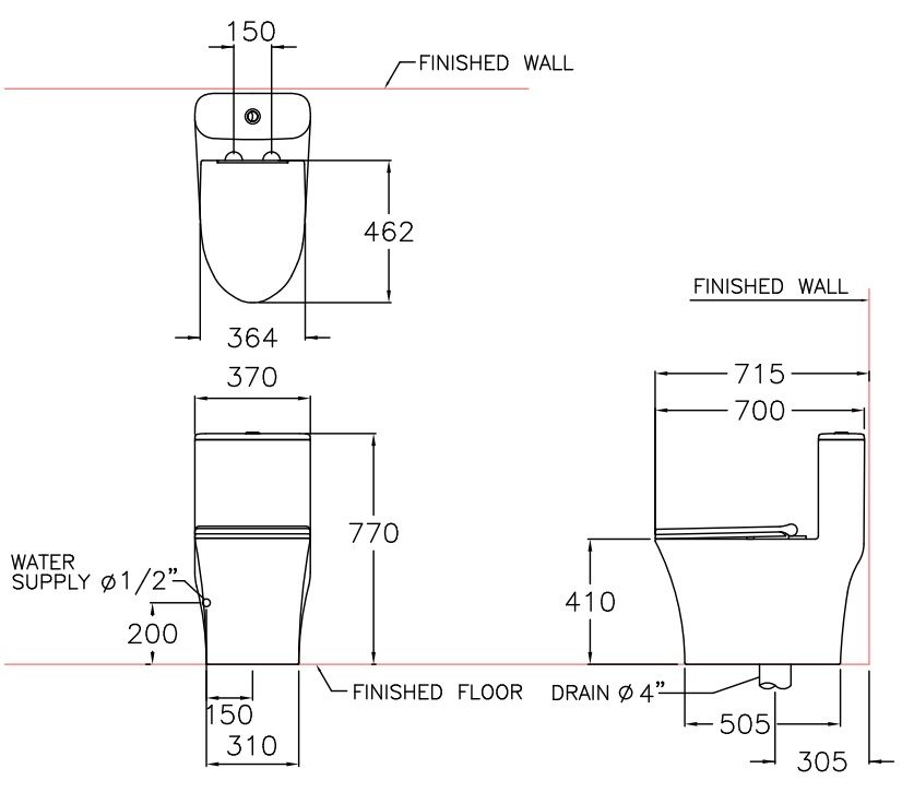 Bản vẽ kích thước bồn cầu 1 khối Cotto C11001 HNOS