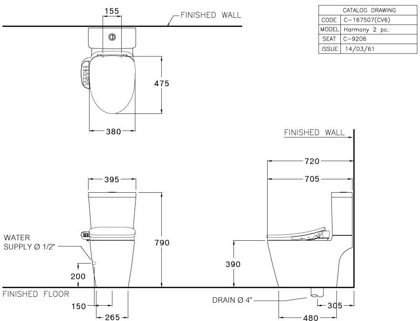 Bản vẽ kích thước bàn cầu nắp điện tử Cotto c 110507 cv6