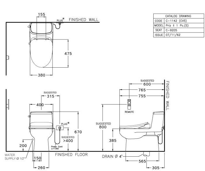 Bản vẽ kích thước bàn cầu Cotto C 1142 CV5