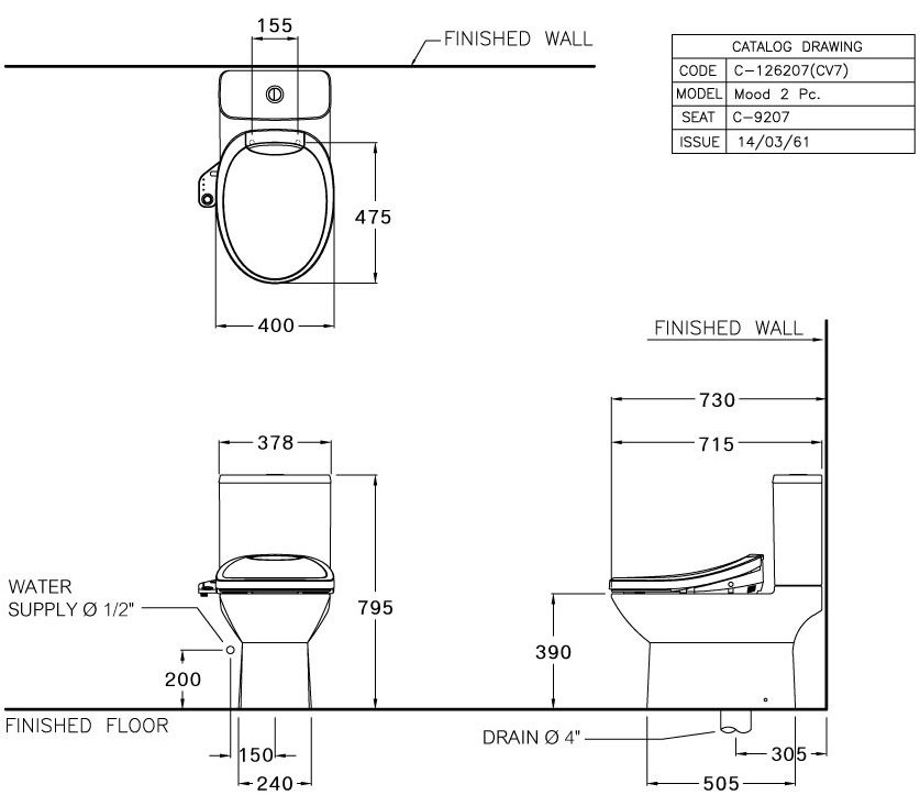 Bản vẽ kích thước bàn cầu Cotto C 126207 CV7