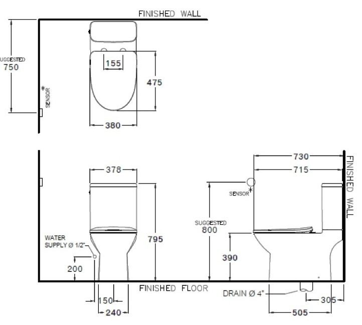 Bản vẽ kích thước bàn cầu C 126227  Cotto 2 khối