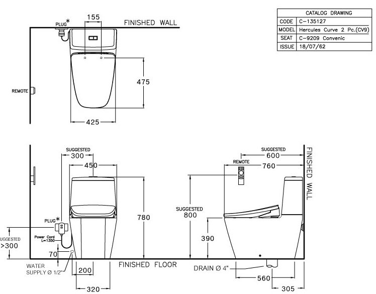 Bản vẽ kích thước bàn cầu 2 khối nắp điện tử Cotto C 105267 CV10