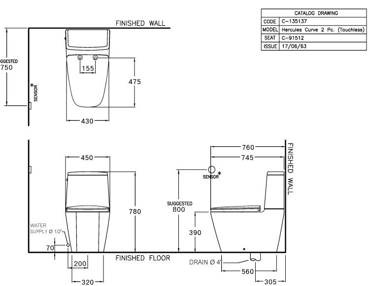 Bản vẽ kích thước bồn cầu C 135137 Cotto 2 khối