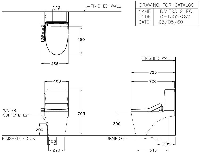 Bản vẽ kích thước bàn cầu Cotto c 13527 cv3