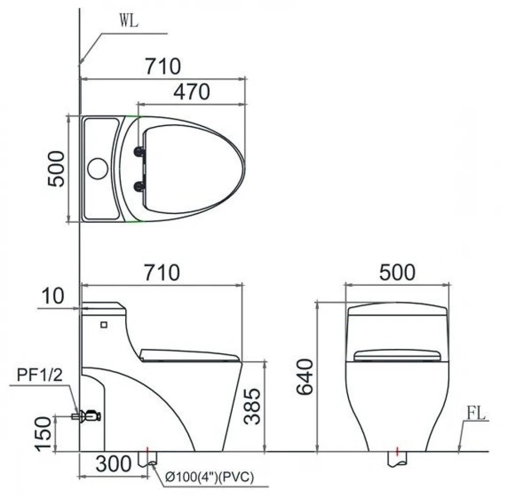 Bản vẽ kích thước bồn cầu nắp rửa điện tử Caesar C1353 TAF610H