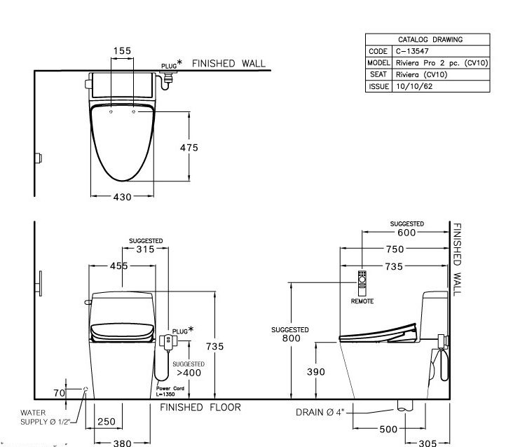 Bản vẽ kích thước bàn cầu 2 khối nắp điện tử Cotto C 13547 CV10 