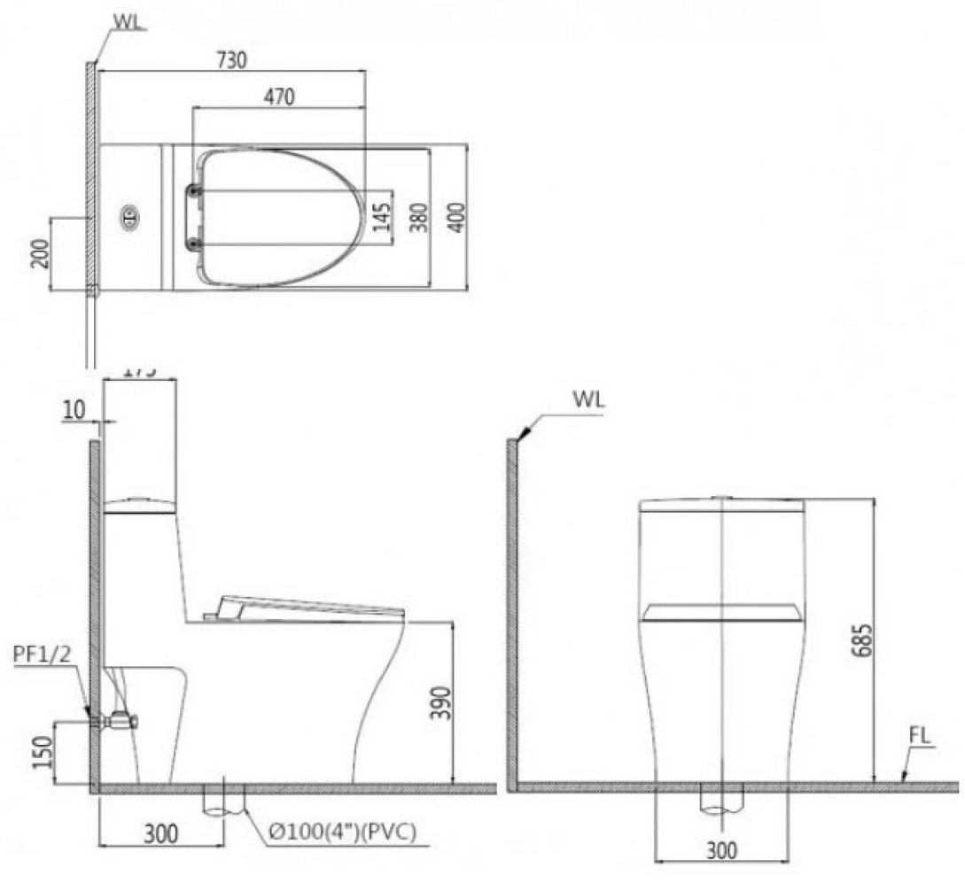 Bản vẽ kích thước bồn cầu nắp rửa điện tử Caesar C1356 TAF610H