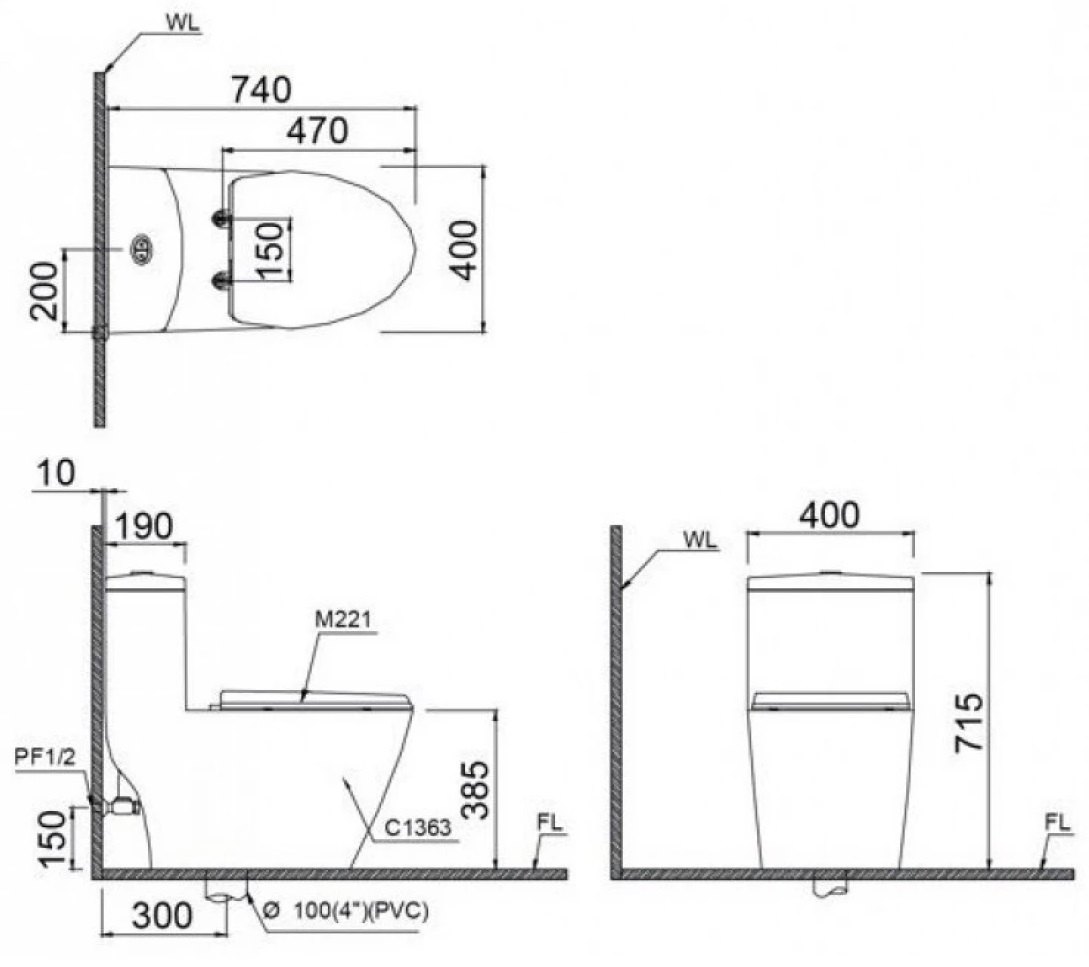 Bản vẽ kích thước bồn cầu C1363 nắp rửa TAF512H
