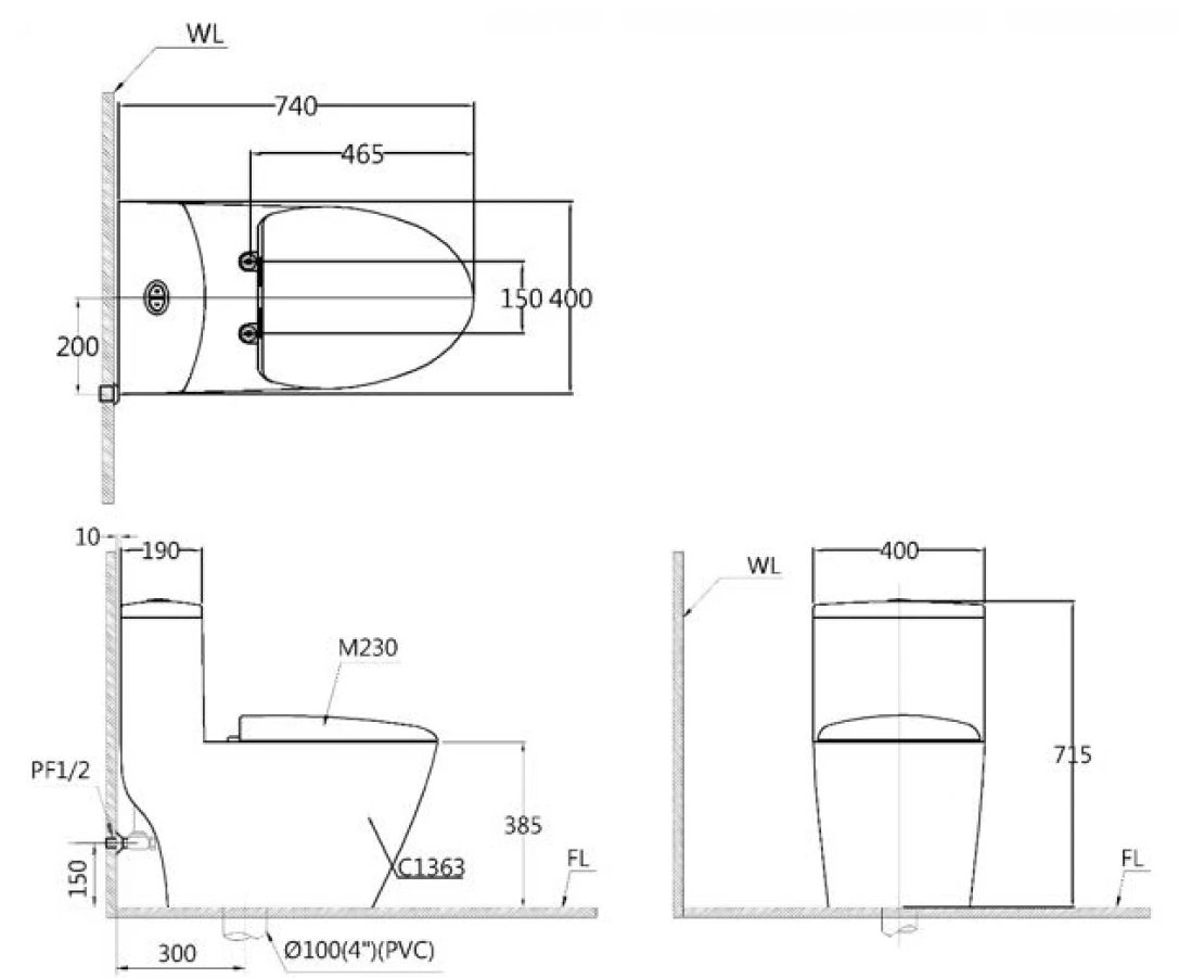 Bản vẽ kích thước bồn cầu nắp rửa điện tử Caesar C1363 TAF610H