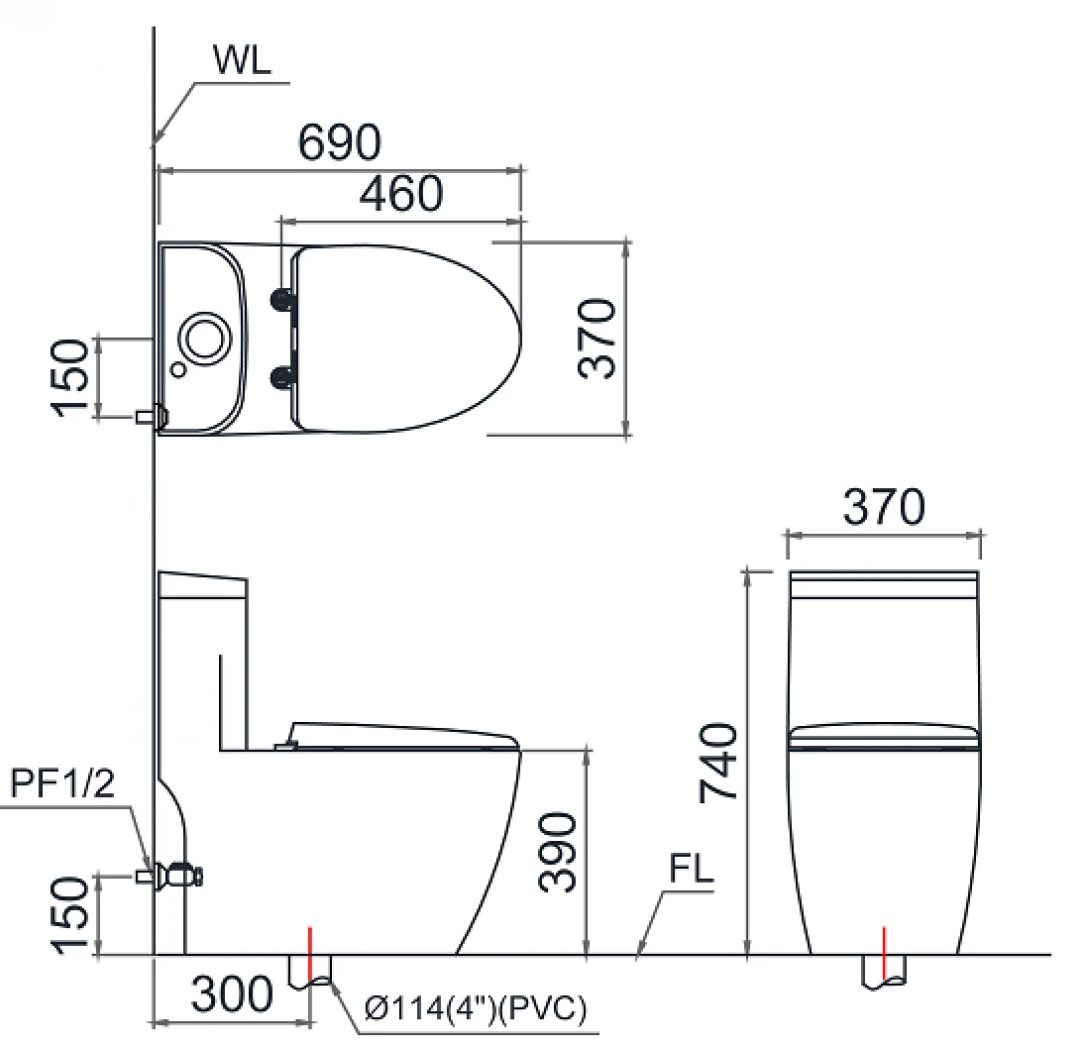 Bản vẽ kích thước bồn cầu nắp rửa điện tử Caesar C1364 TAF610H