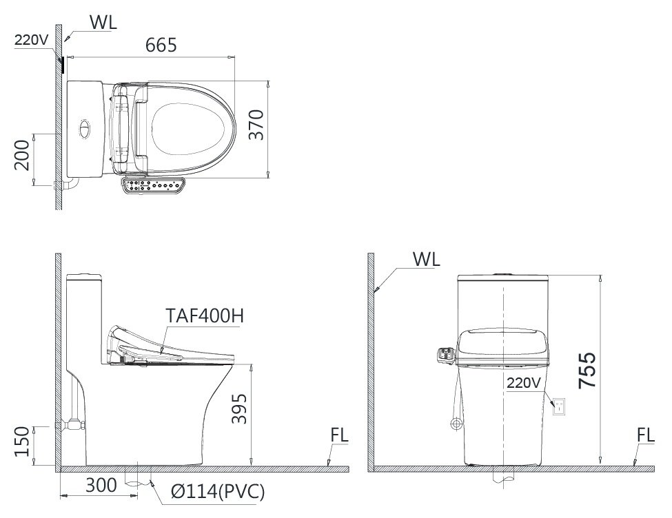 Bản vẽ kích thước bồn cầu C1391F nắp rửa TAF400H