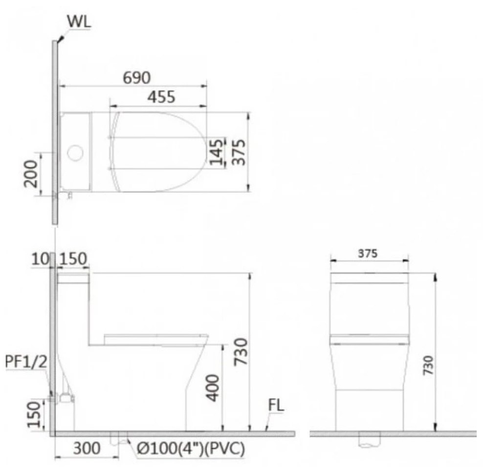 Bản vẽ kích thước bồn cầu nắp rửa điện tử Caesar C1374 TAF610H