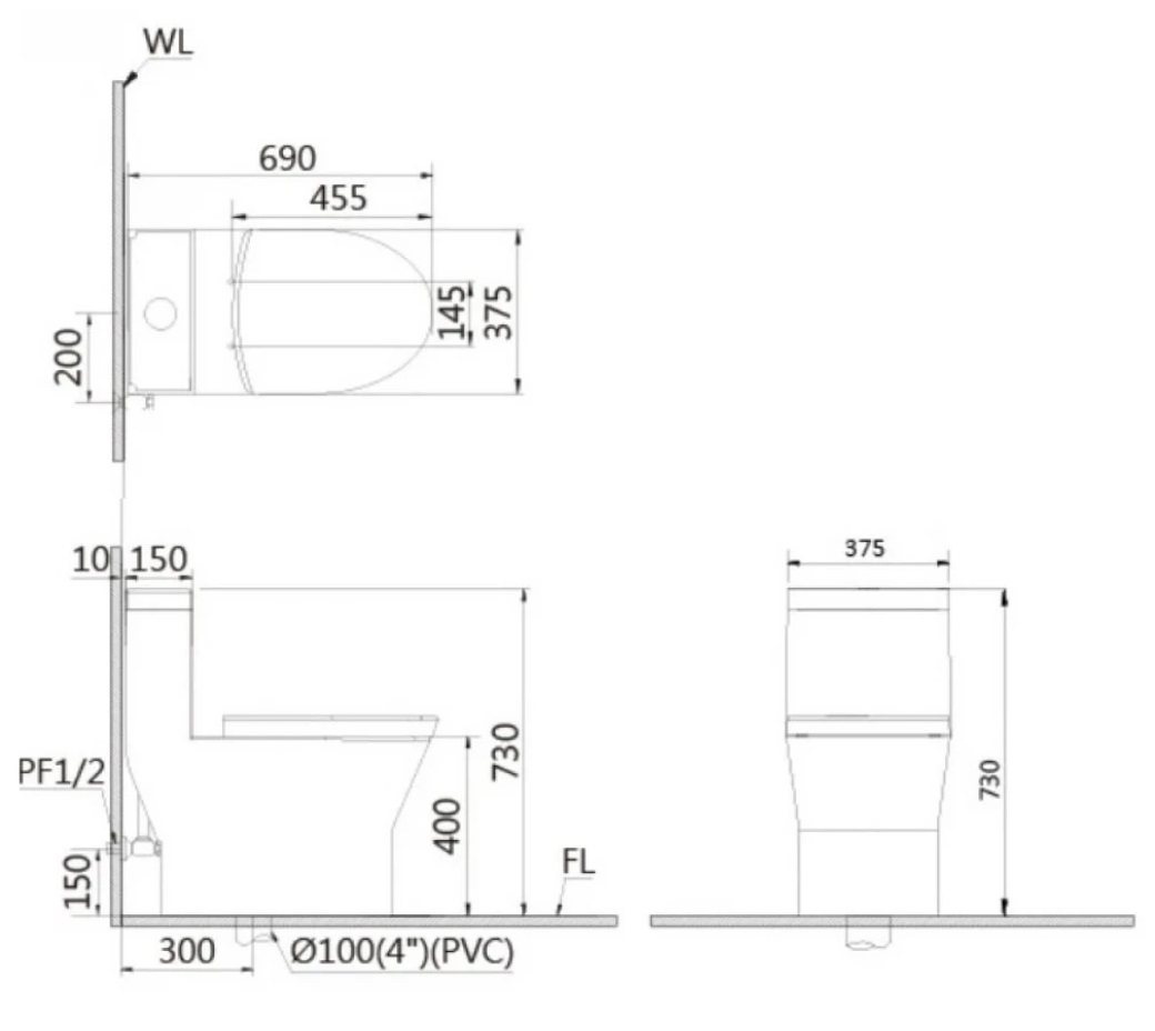 Bản vẽ kích thước bồn cầu nắp rửa điện tử Caesar C1395 TAF610H