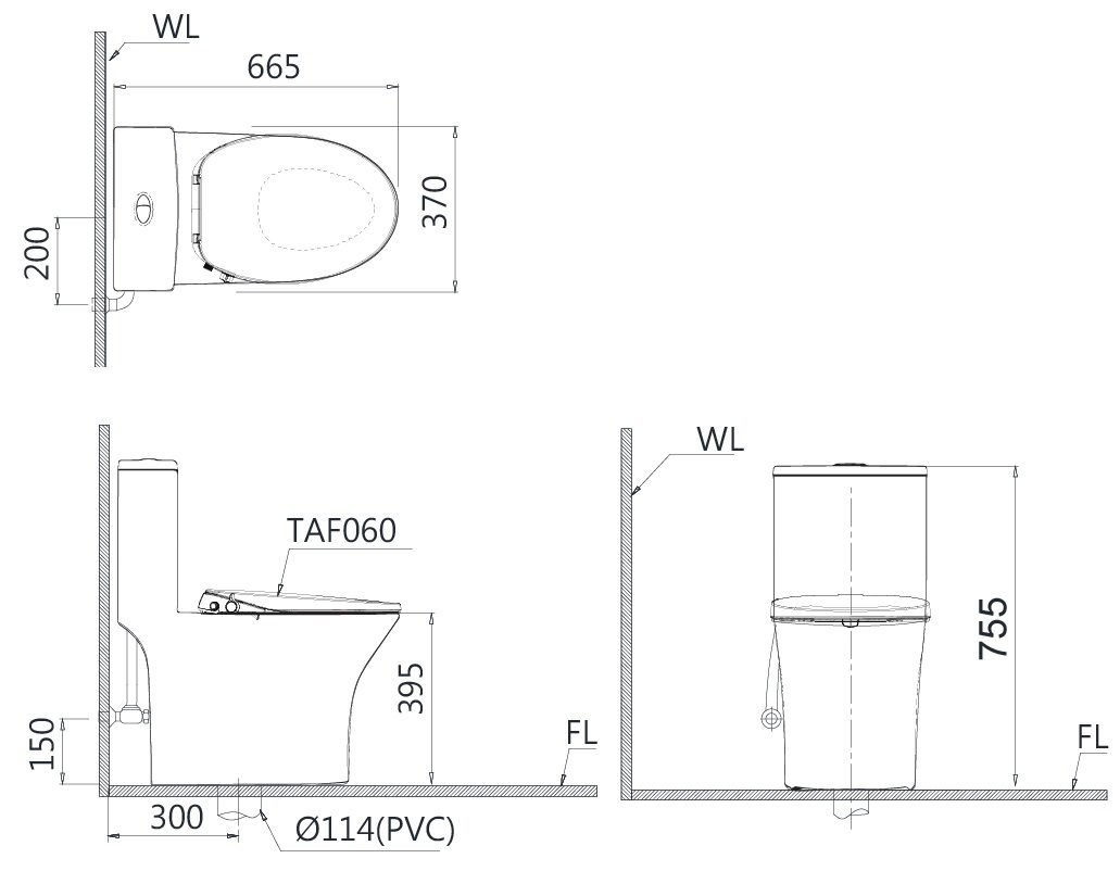 Bản vẽ kích thước bàn cầu Caesar CD1391+TAF060