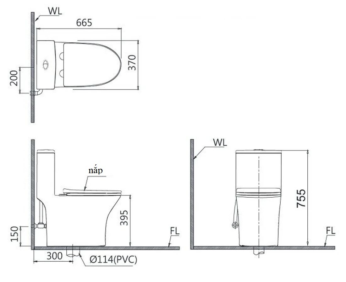 Bản vẽ kích thước bồn cầu nắp rửa điện tử Caesar C1391 TAF610H