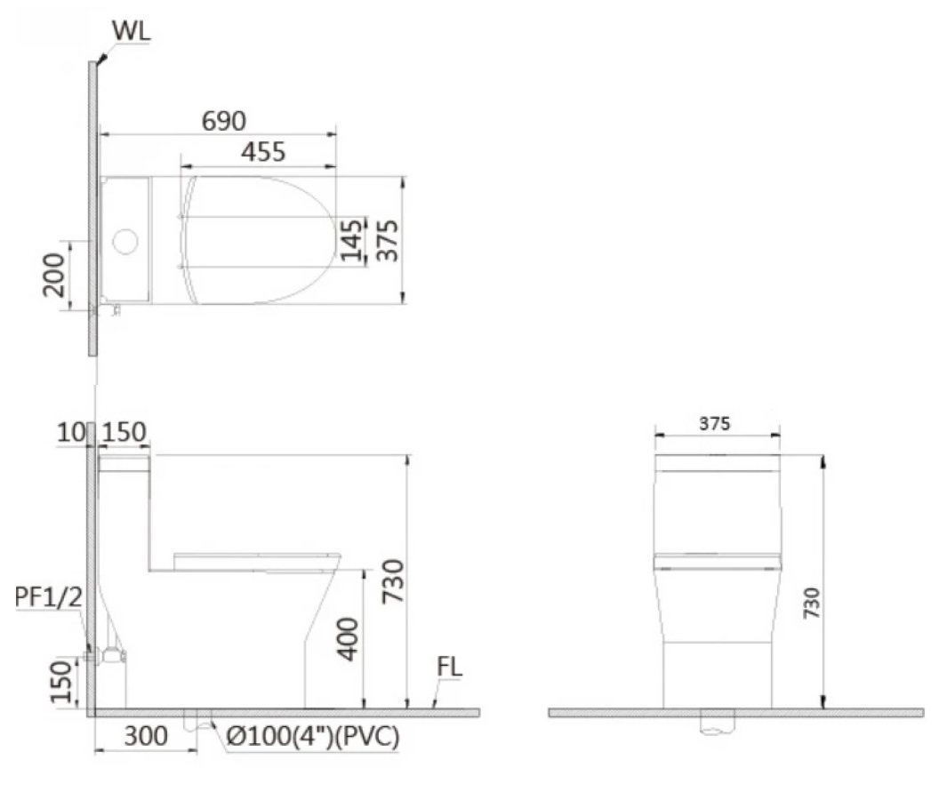 Bản vẽ kích thước bồn cầu CD1374 nắp rửa TAF512H