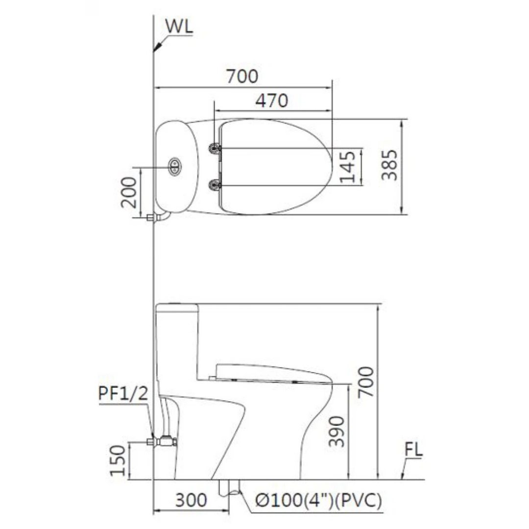 Bản vẽ kích thước bồn cầu CD1394 nắp rửa TAF512H