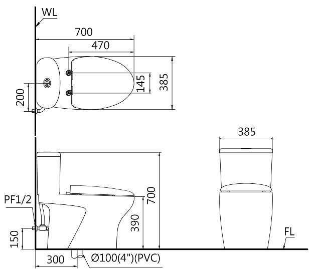 Bản vẽ kích thước bồn cầu nắp rửa điện tử Caesar C1394 TAF610H