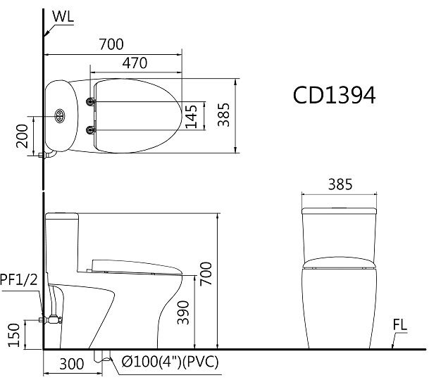 Bản vẽ bồn cầu CAESAR C1394F TAF710H
