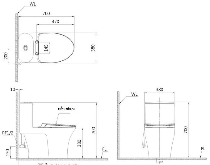 Bản vẽ kích thước bồn cầu nắp điện tử Caesar C1395F TAF610H