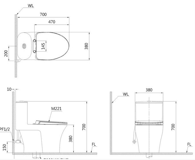 Bản vẽ bồn cầu CAESAR C1395F TAF710H