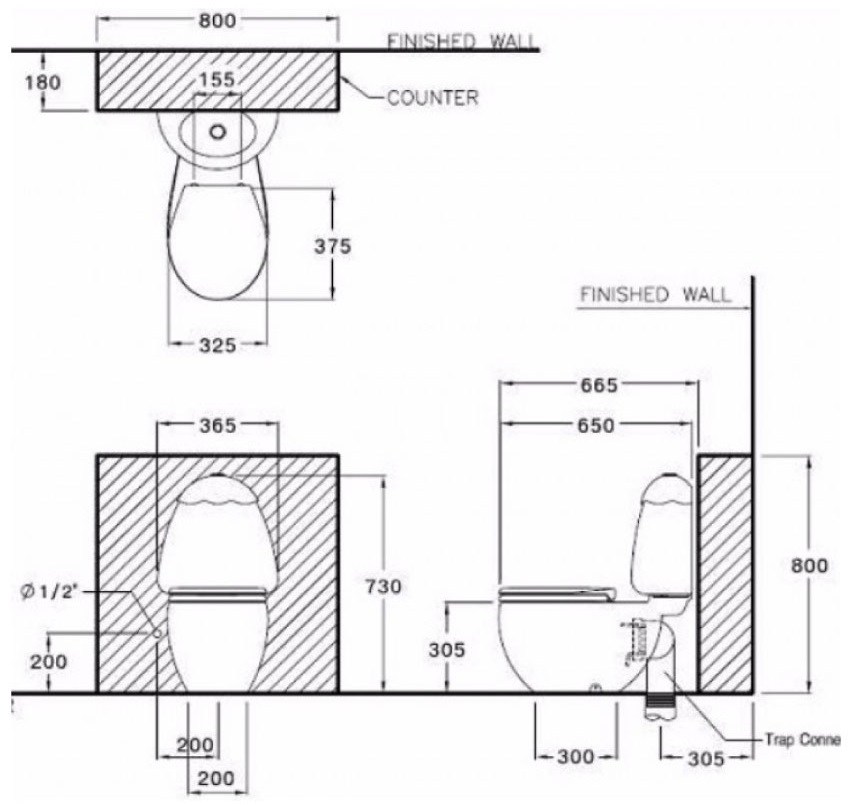 Bản vẽ kích thước bồn cầu trẻ em Cotto C 15037 KW