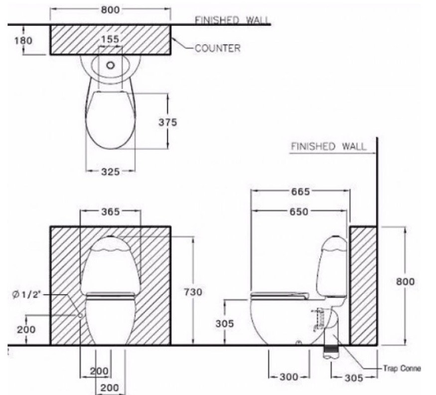 Bản vẽ kích thước bồn cầu trẻ em Cotto C 15037 RA