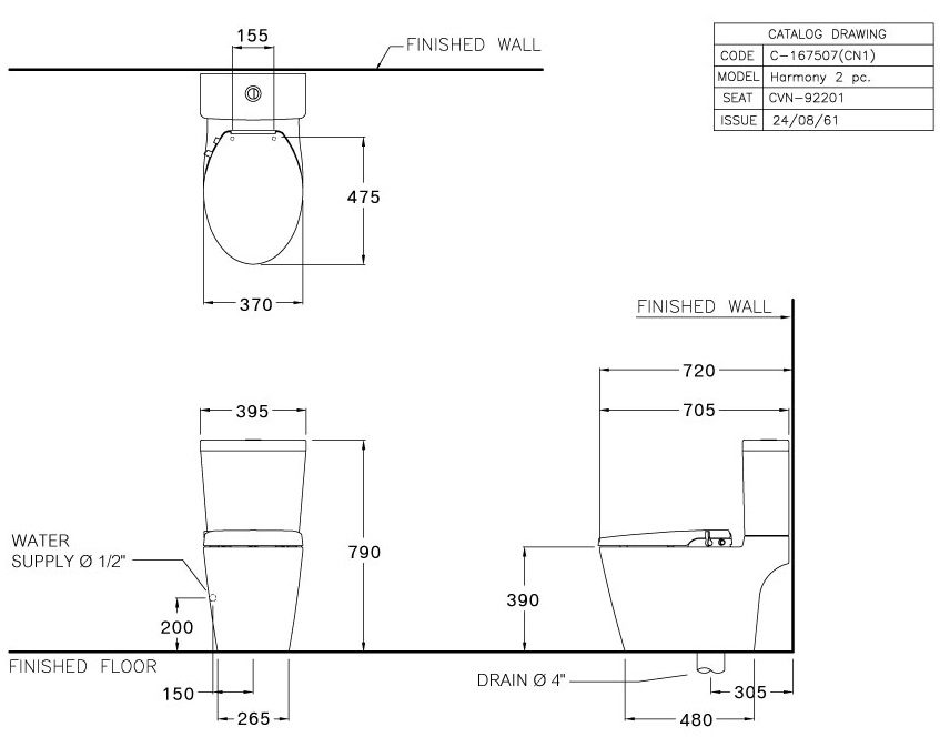 Bản vẽ kích thước bồn cầu C 167507 cn1 Cotto 2 khối