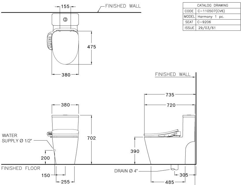 Bản vẽ kích thước bàn cầu Cotto C 167507 cv6
