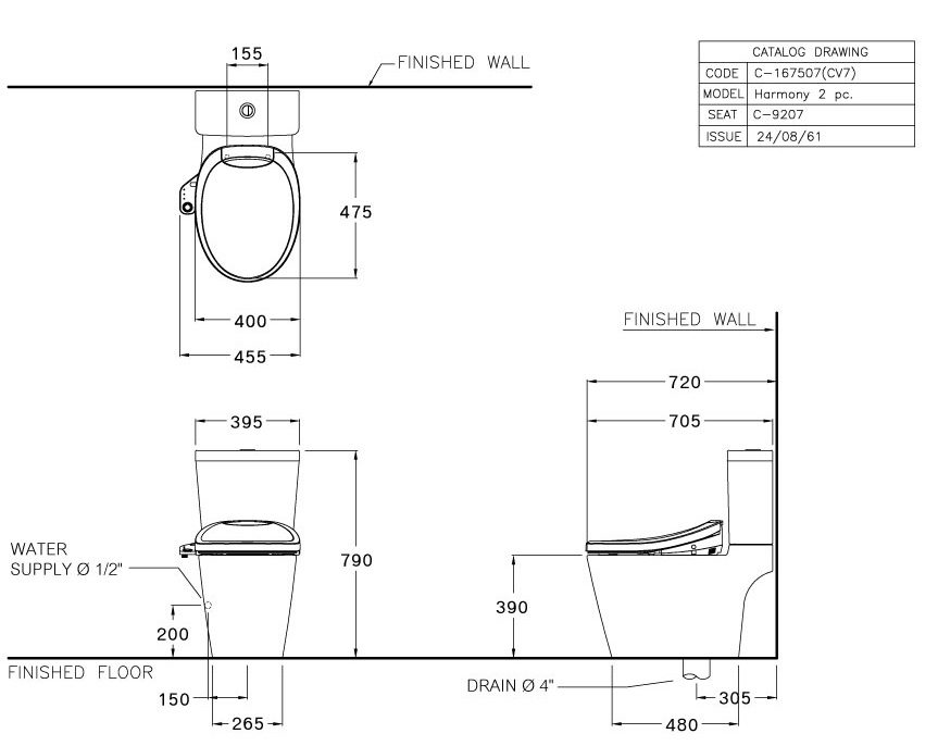 Bản vẽ kích thước bàn cầu Cotto C 167507 CV7