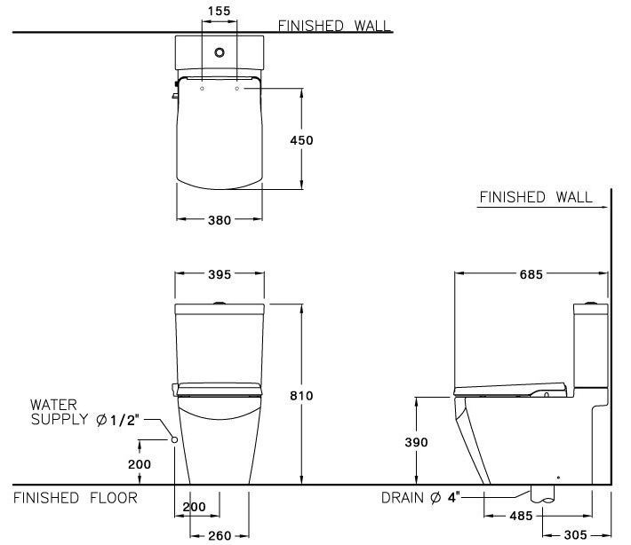 Bản vẽ kích thước bồn cầu 2 khối cotto C 17087 CN