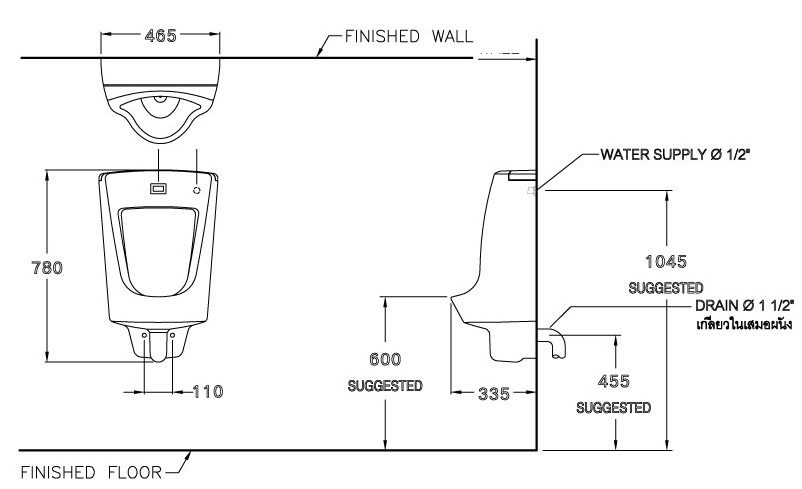 Bản vẽ kỹ thuật bồn tiểu Cotto dùng điện C 3011 (AC) cảm ứng 