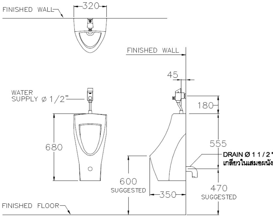 Bản vẽ kích thước bệ tiểu nam Cotto C 31217