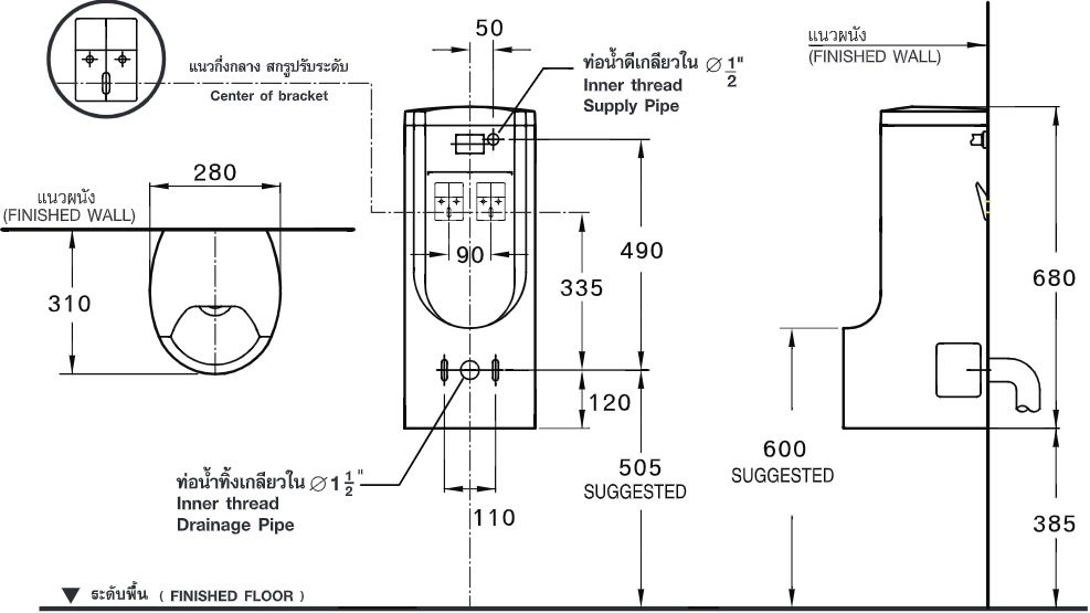 Bản vẽ kích thước bồn tiểu Cotto cảm ứng C31227AC 220V