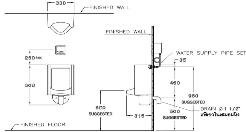  kỹ thuật bồn tiểu nam treo tường C313BI Cotto 