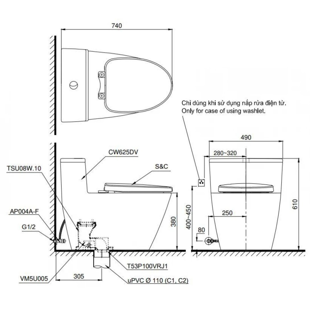Bản vẽ kích thước thân cầu C625D TOTO giấu dây