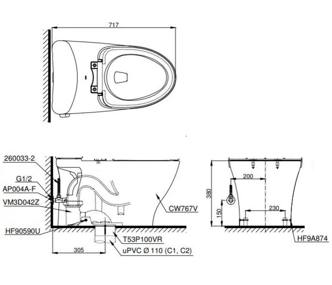 Bản vẽ kích thước thân cầu C767C TOTO