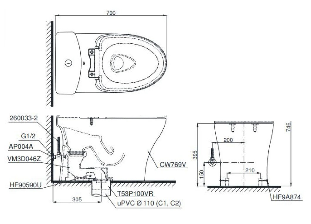 Bản vẽ kích thước thân cầu C769 TOTO