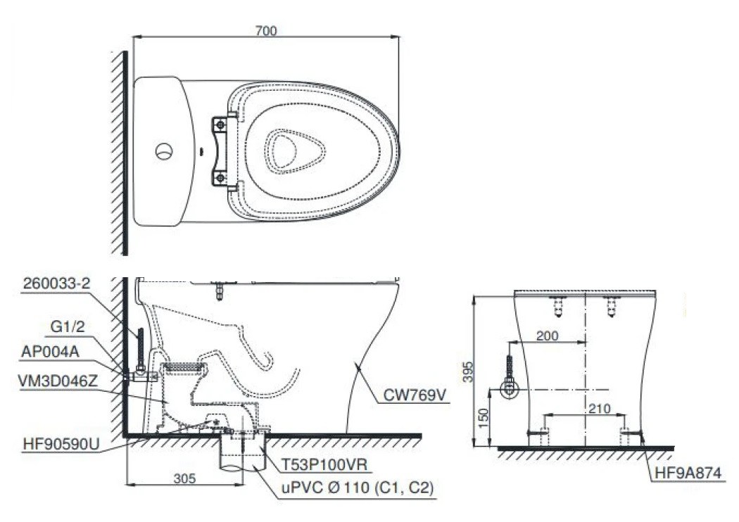 Bản vẽ kích thước thân cầu C769C TOTO