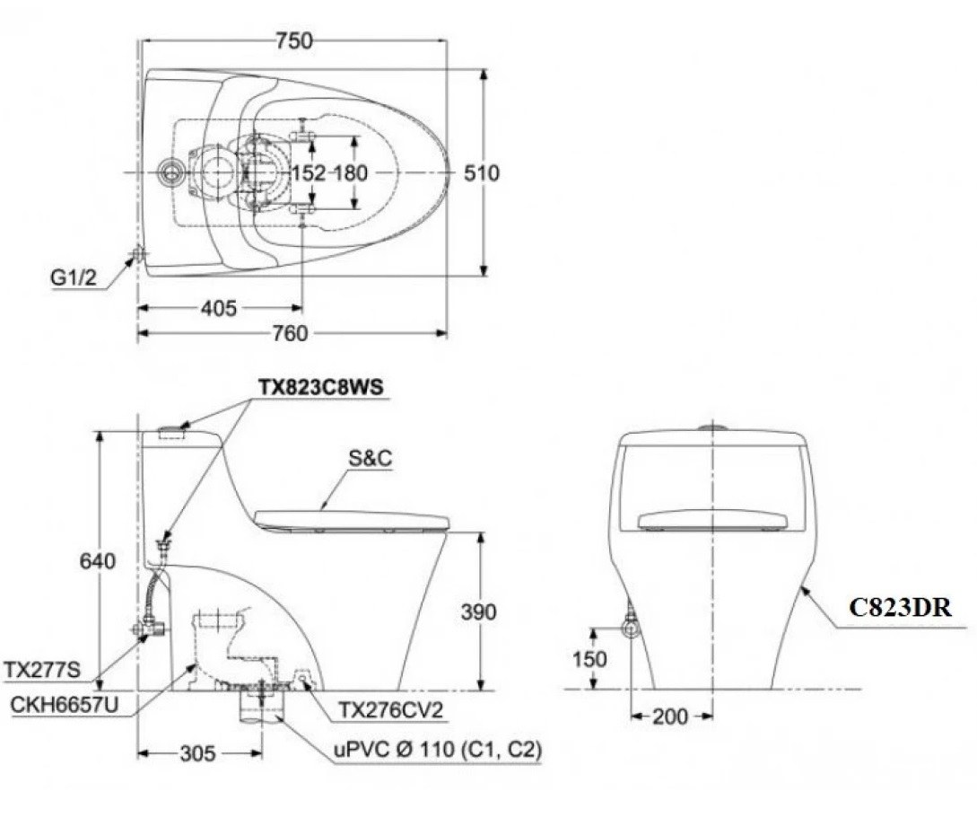 Bản vẽ kích thước thân cầu C823DR TOTO