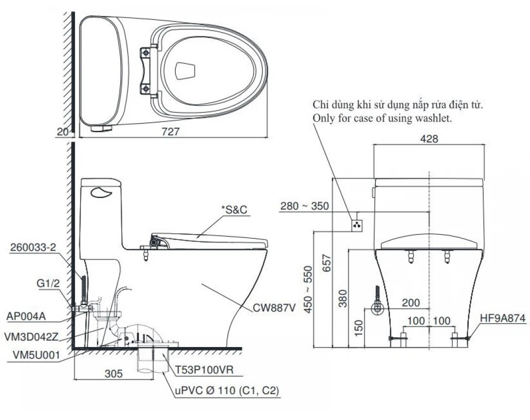 Bản vẽ kích thước thân cầu C887R TOTO