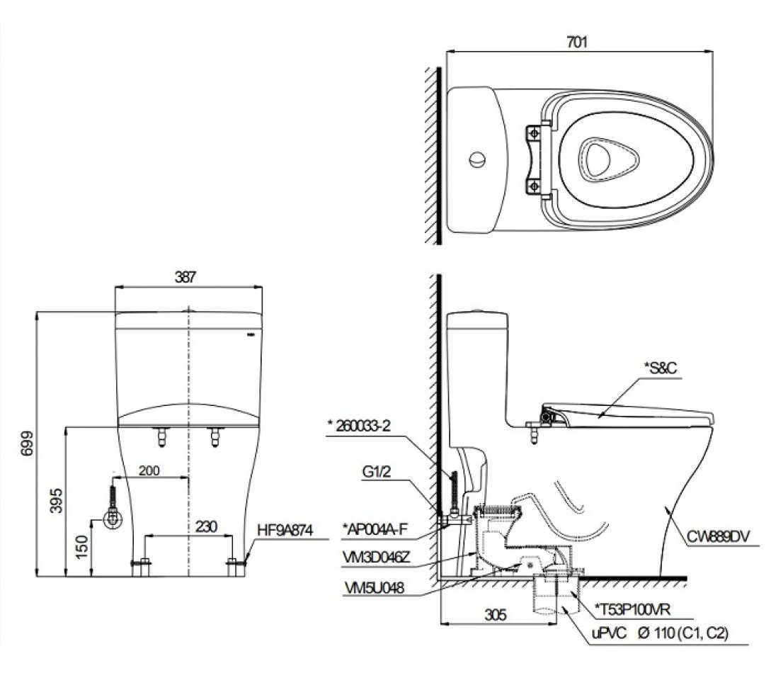 Bản vẽ kích thước thân cầu C889DR TOTO