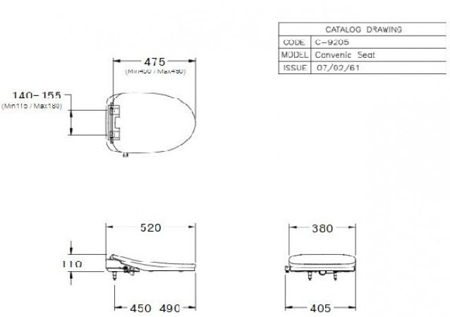 Bản vẽ kích thước nắp rửa điện tử C 9205 Cotto