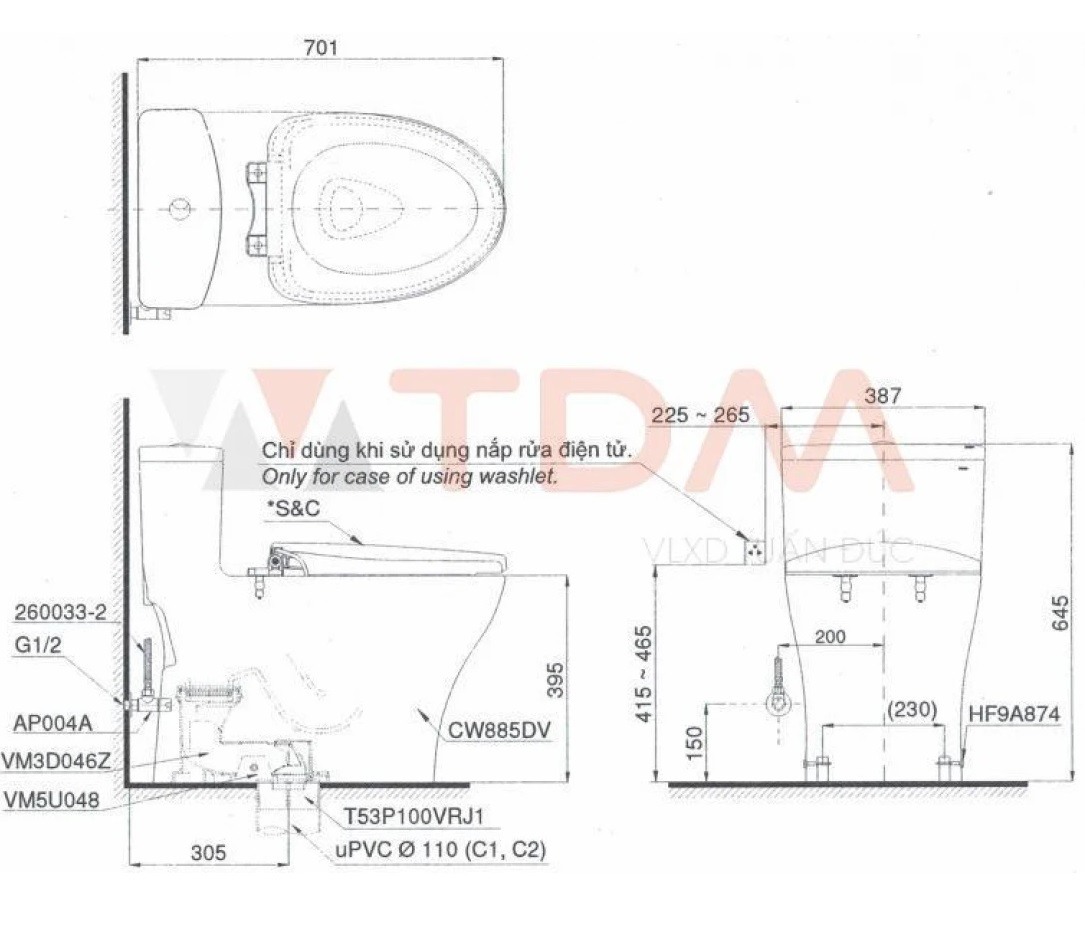 Bản vẽ kích thước thân cầu C885D TOTO