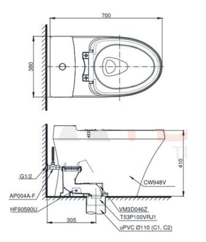 Bản vẽ kích thước thân cầu C948C TOTO